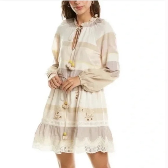 Hemant & Nandita Women's Mana Dress Embroidered Striped Boho Chic  NWT - Picture 3 of 4